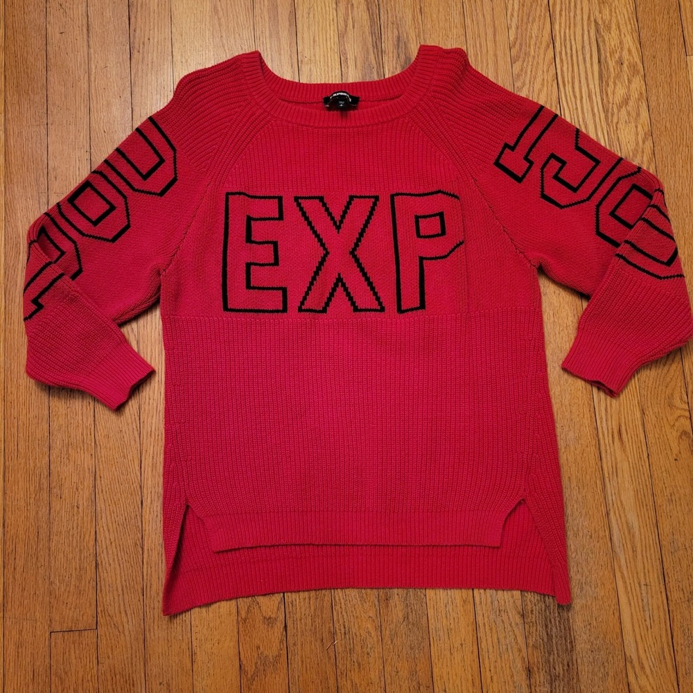 Y2K Express Red Chunky Knit Sweater Spellout‎ EXP 1980 Logo S Retro Hipster